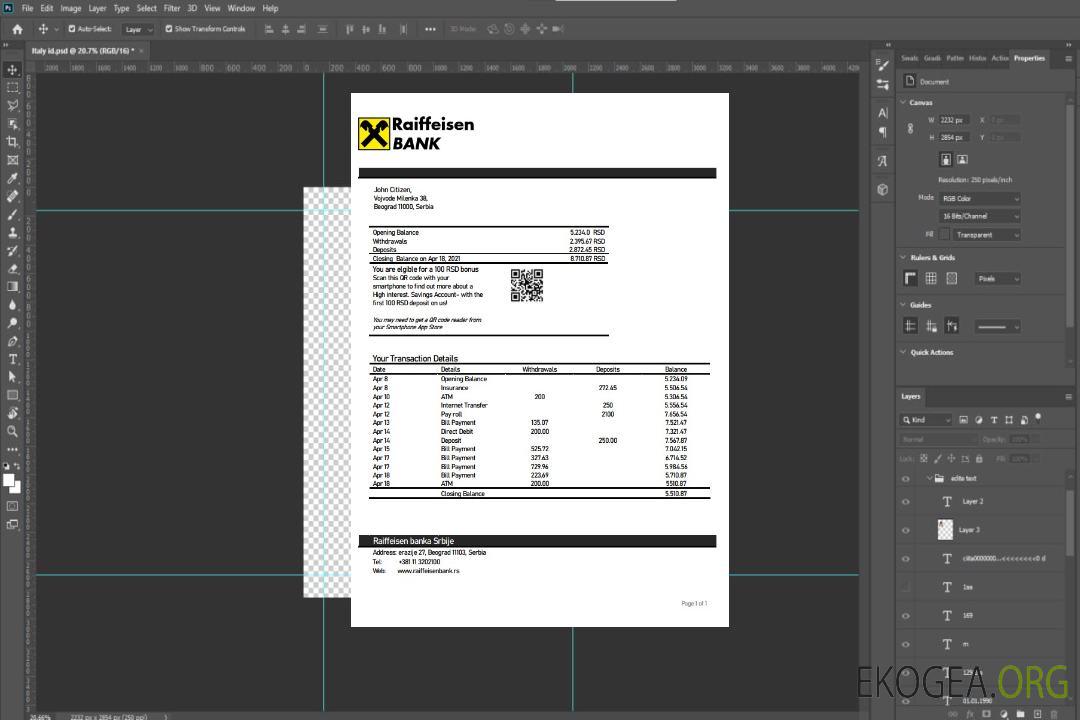 Relevé de la banque Raiffeisen de Serbie template